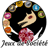 Image représentant les jeux de société avec un dé de 10 faces, un loup-garou de Thiercelieux, et les symboles des éléments de 7 wonders.